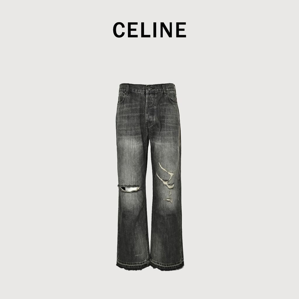 Celine 24SS Black Distressed Straight-Leg Jeans
