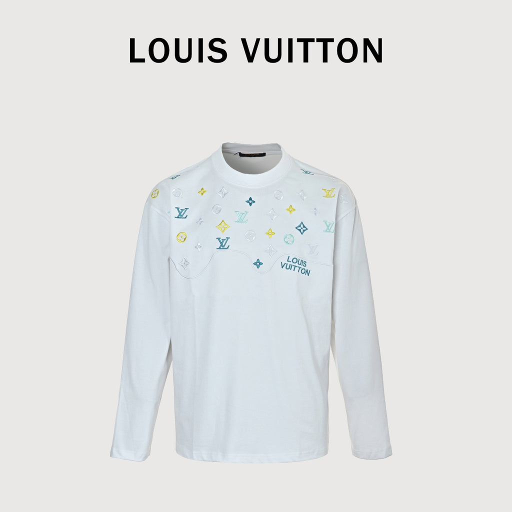 Louis Vuitton 26SS Wave Pattern Color-Block Monogram Embroidered Logo Long Sleeve T-Shirt - White
