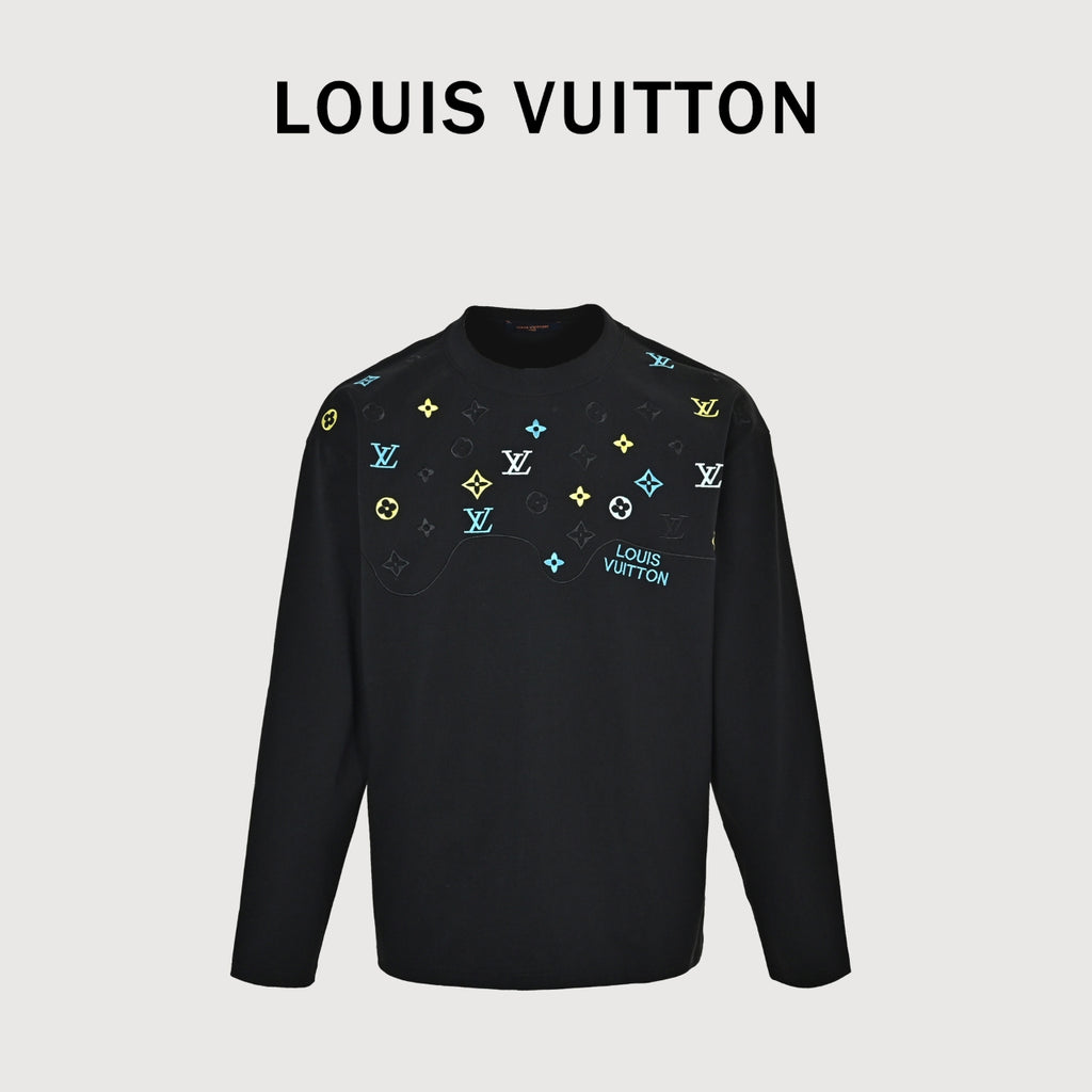 Louis Vuitton 26SS Wave Pattern Color-Block Monogram Embroidered Logo Long Sleeve T-Shirt - Black