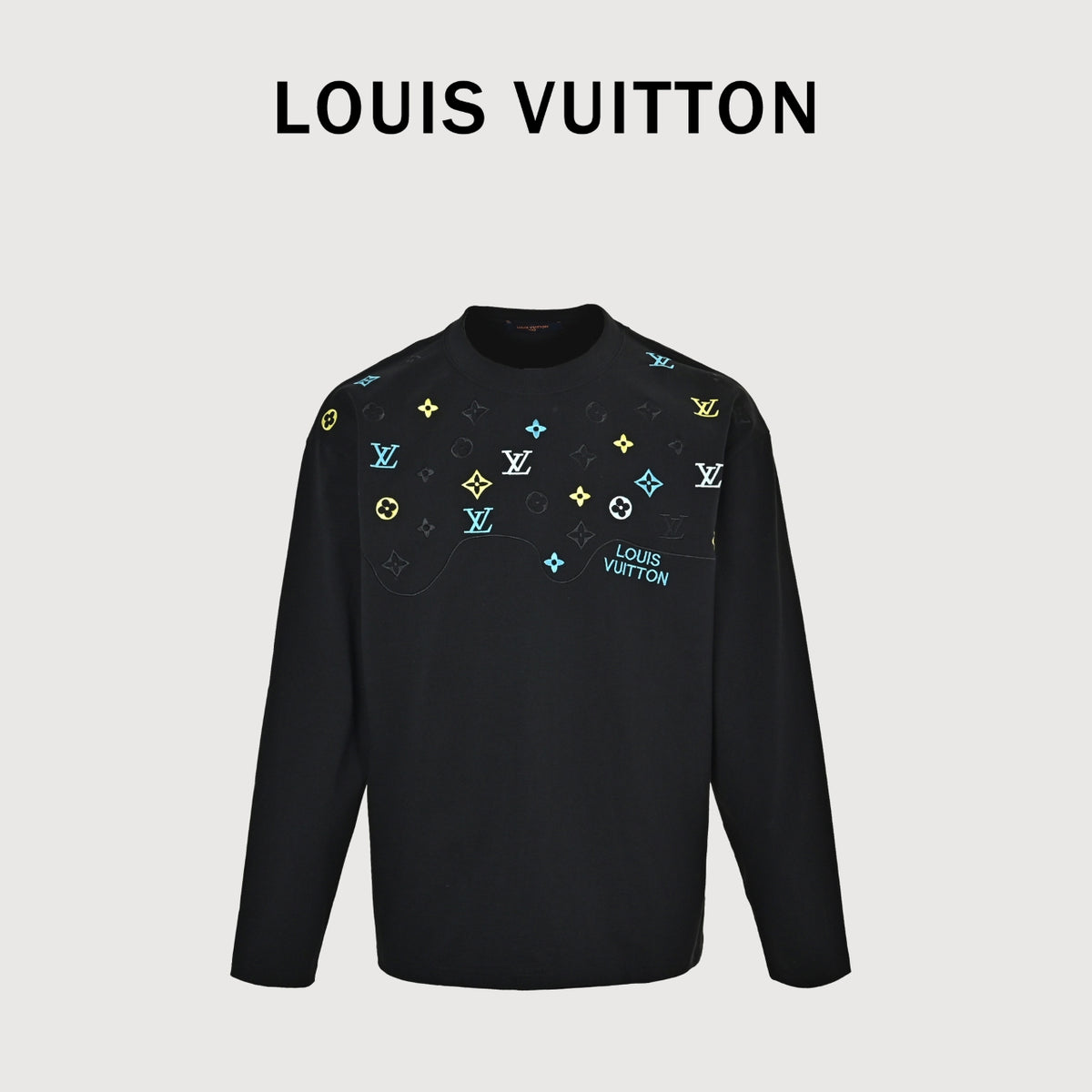 Louis Vuitton 26SS Wave Pattern Color-Block Monogram Embroidered Logo Long Sleeve T-Shirt - Black