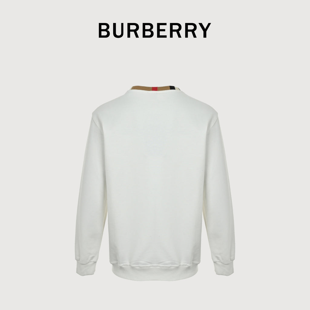 Burberry Micro Check Tartan Collar Spliced Cotton Crewneck Sweatshirt - White