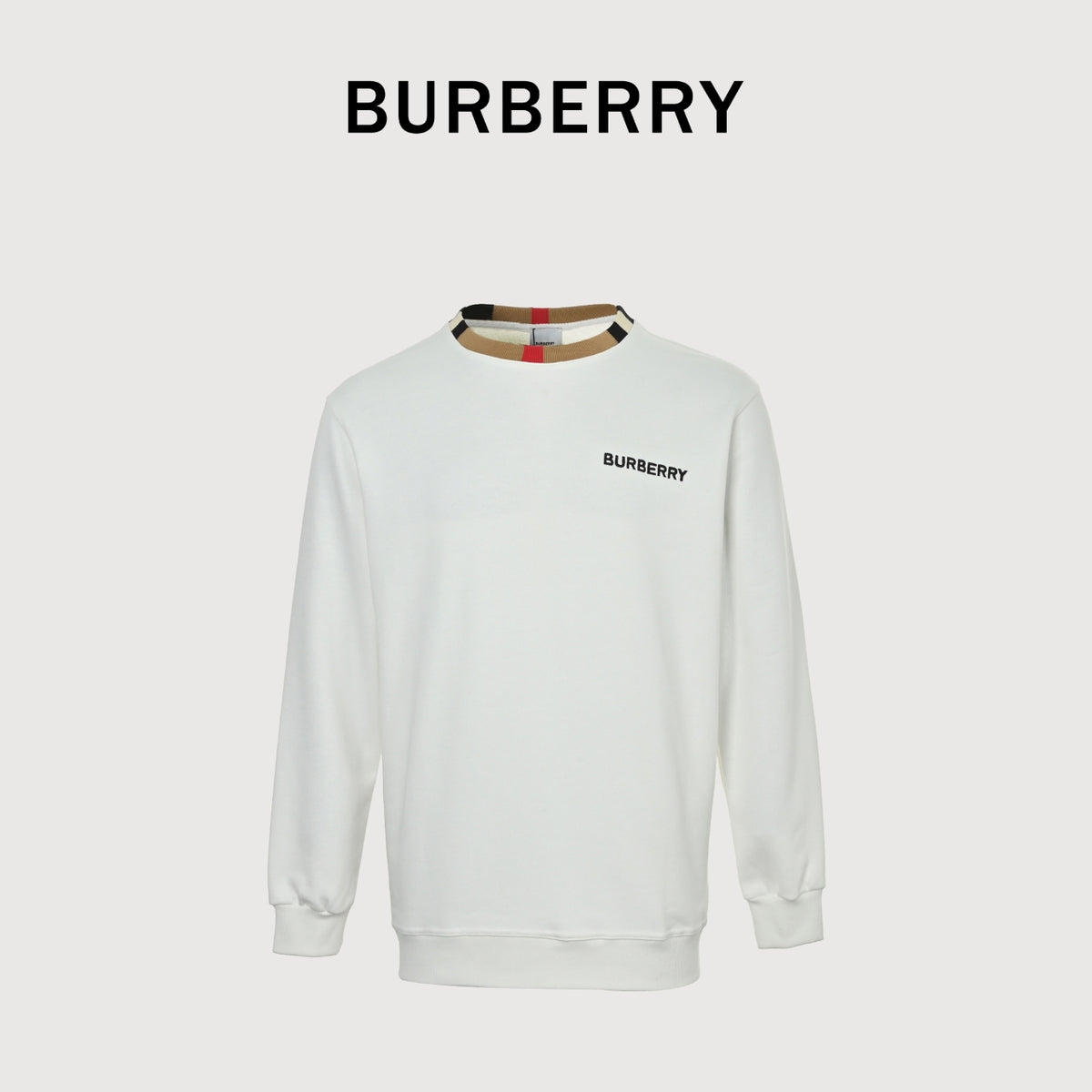 Burberry Micro Check Tartan Collar Spliced Cotton Crewneck Sweatshirt - White