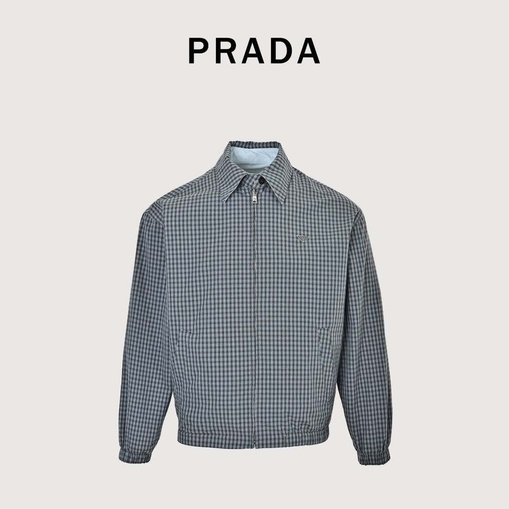 Prada Grey Check Reversible Zip-Up Blouson Jacket - Light Blue / Grey Check