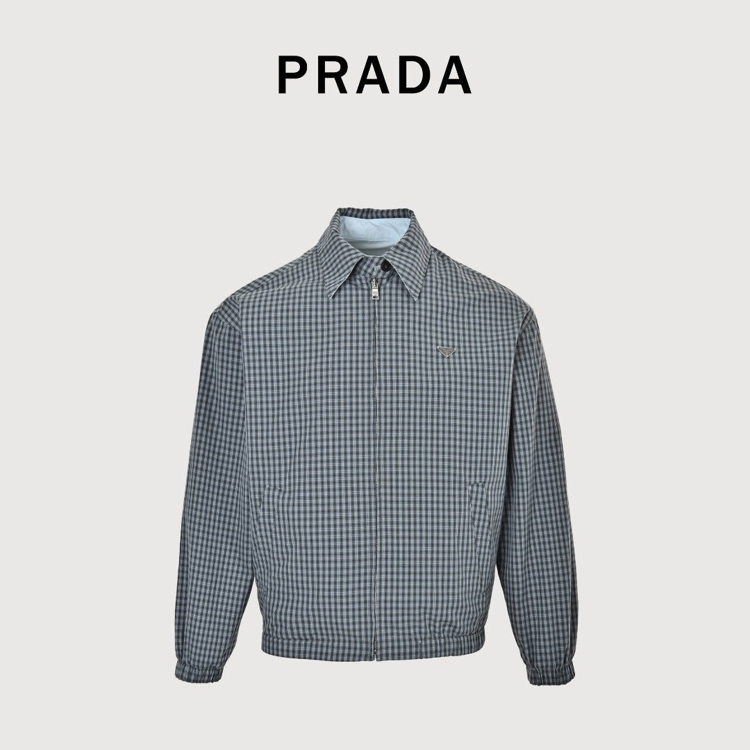 Prada Grey Check Reversible Zip-Up Blouson Jacket - Light Blue / Grey Check