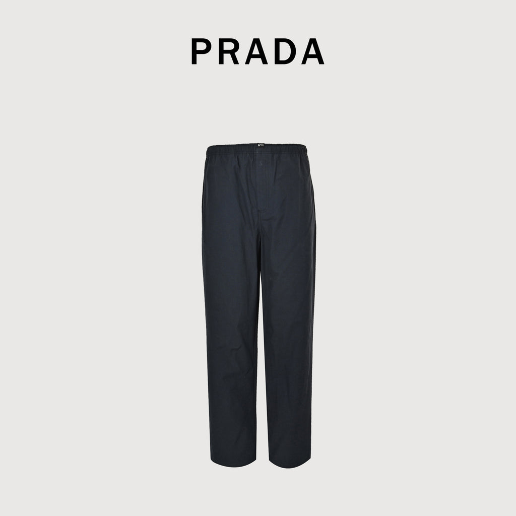 Prada PRD Two-Tone Logo Label Linen-Cotton Blend Casual Trousers - Black
