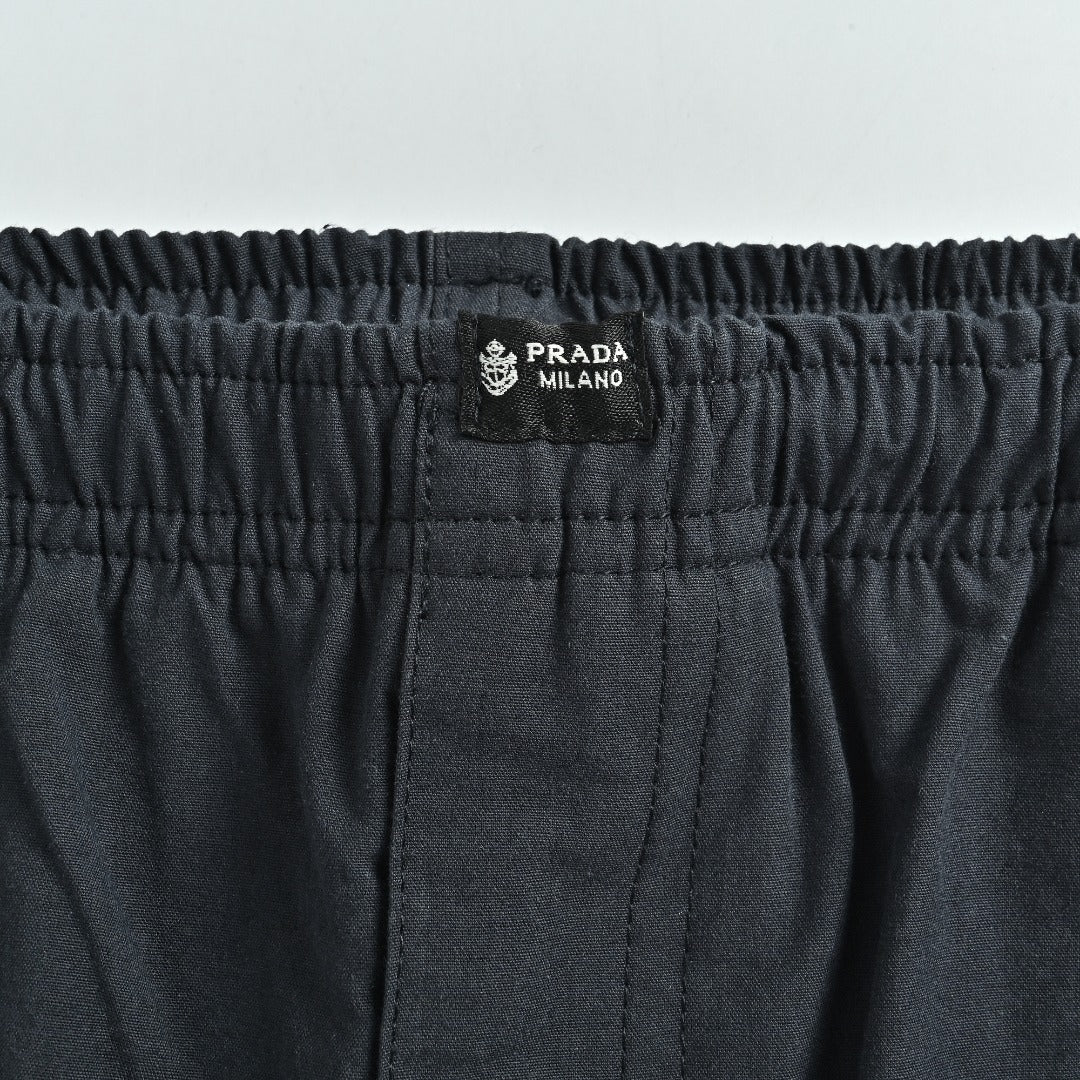 Prada PRD Two-Tone Logo Label Linen-Cotton Blend Casual Trousers - Black