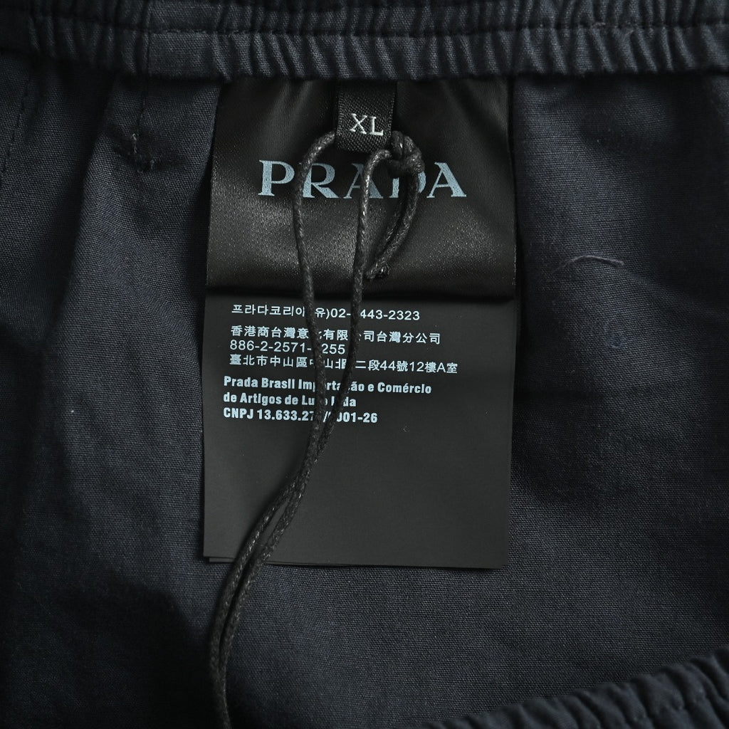 Prada PRD Two-Tone Logo Label Linen-Cotton Blend Casual Trousers - Black