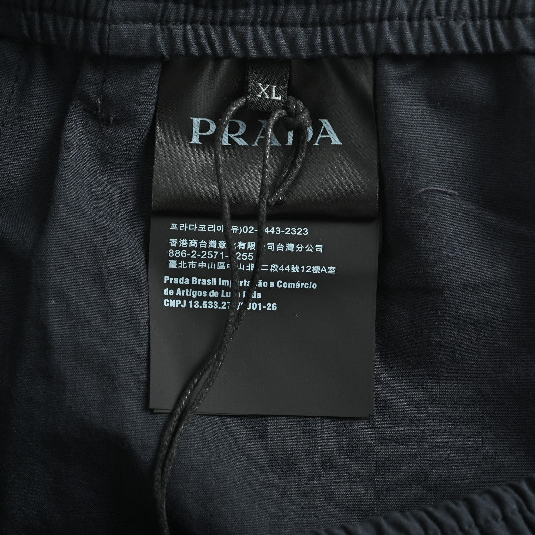 Prada PRD Two-Tone Logo Label Linen-Cotton Blend Casual Trousers - Black