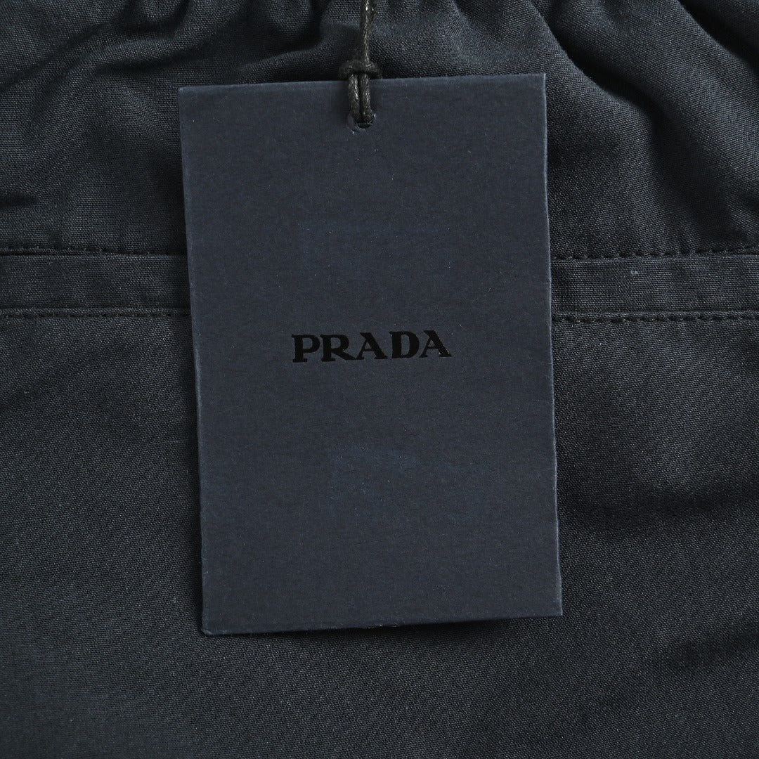 Prada PRD Two-Tone Logo Label Linen-Cotton Blend Casual Trousers - Black