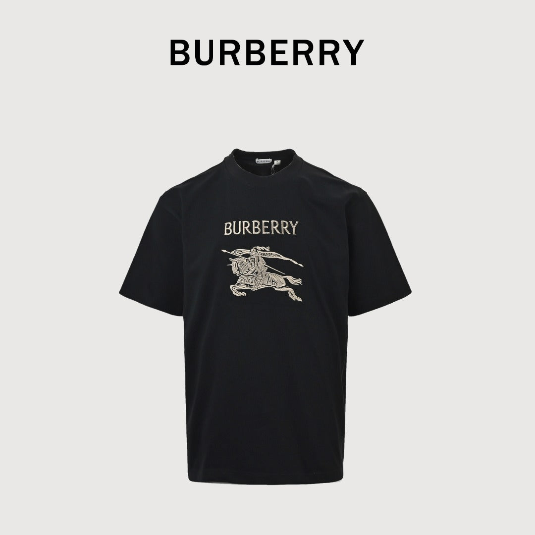 Burberry BBR Gold Equestrian Knight Embroidered Short Sleeve T-Shirt - Black