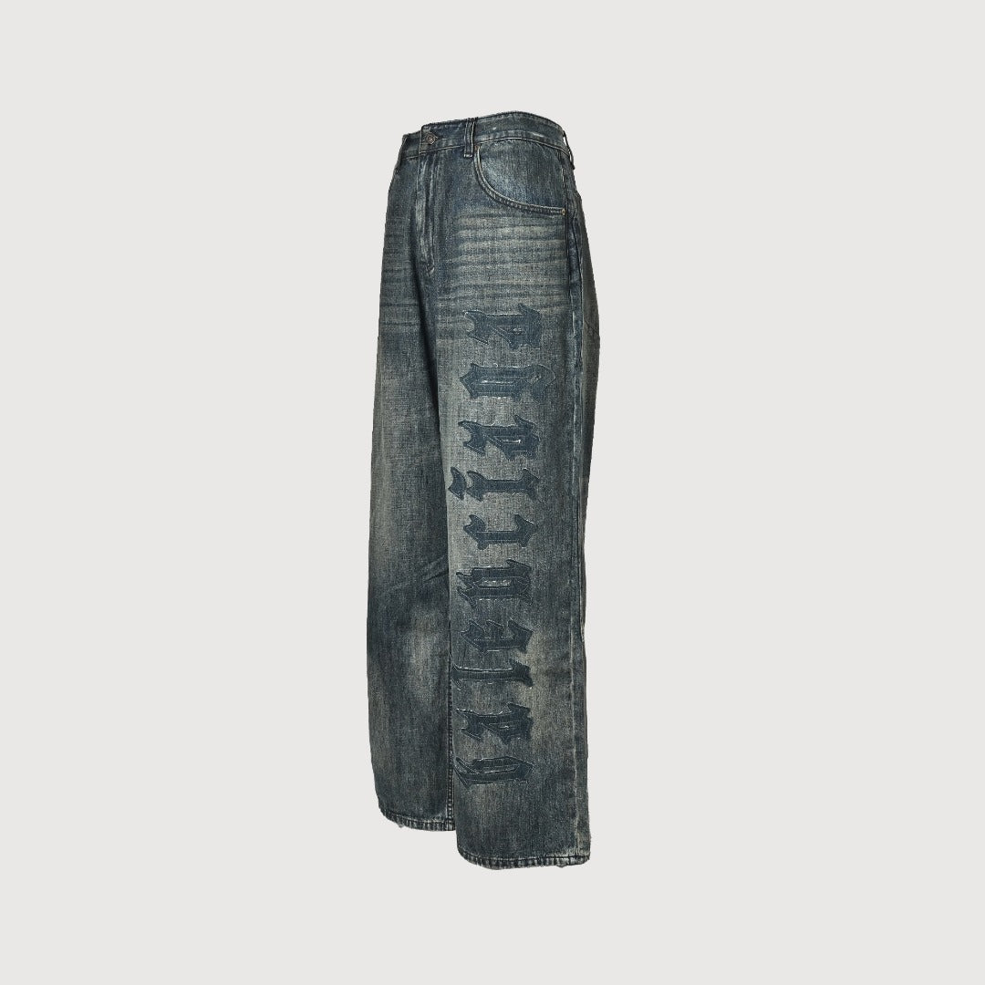 Balenciaga BLCG Leg Patch Distressed Wide-Leg Denim Jeans - Vintage Blue