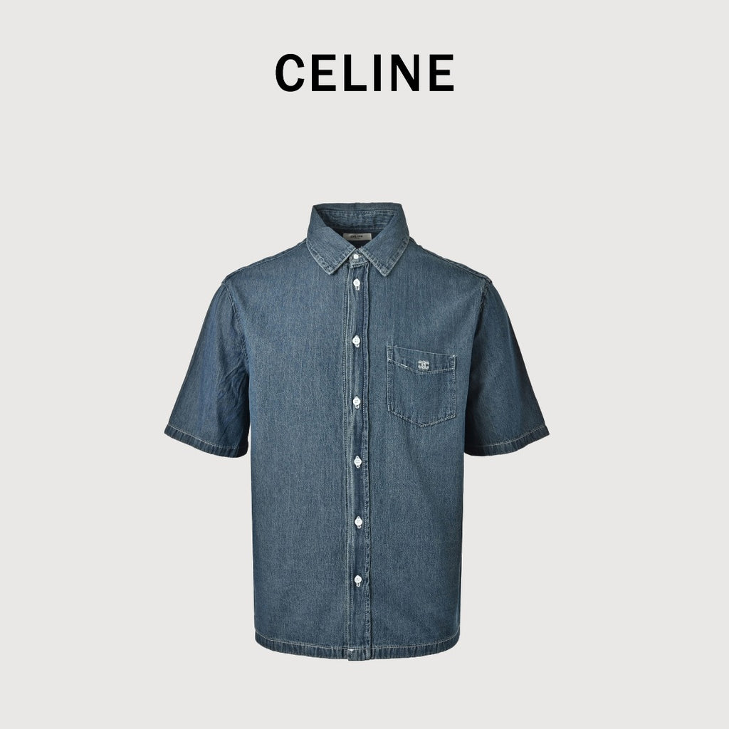 Celine CE Arc de Triomphe Embroidered Denim Short Sleeve Shirt - Blue