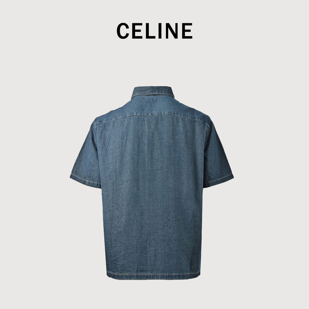 Celine CE Arc de Triomphe Embroidered Denim Short Sleeve Shirt - Blue