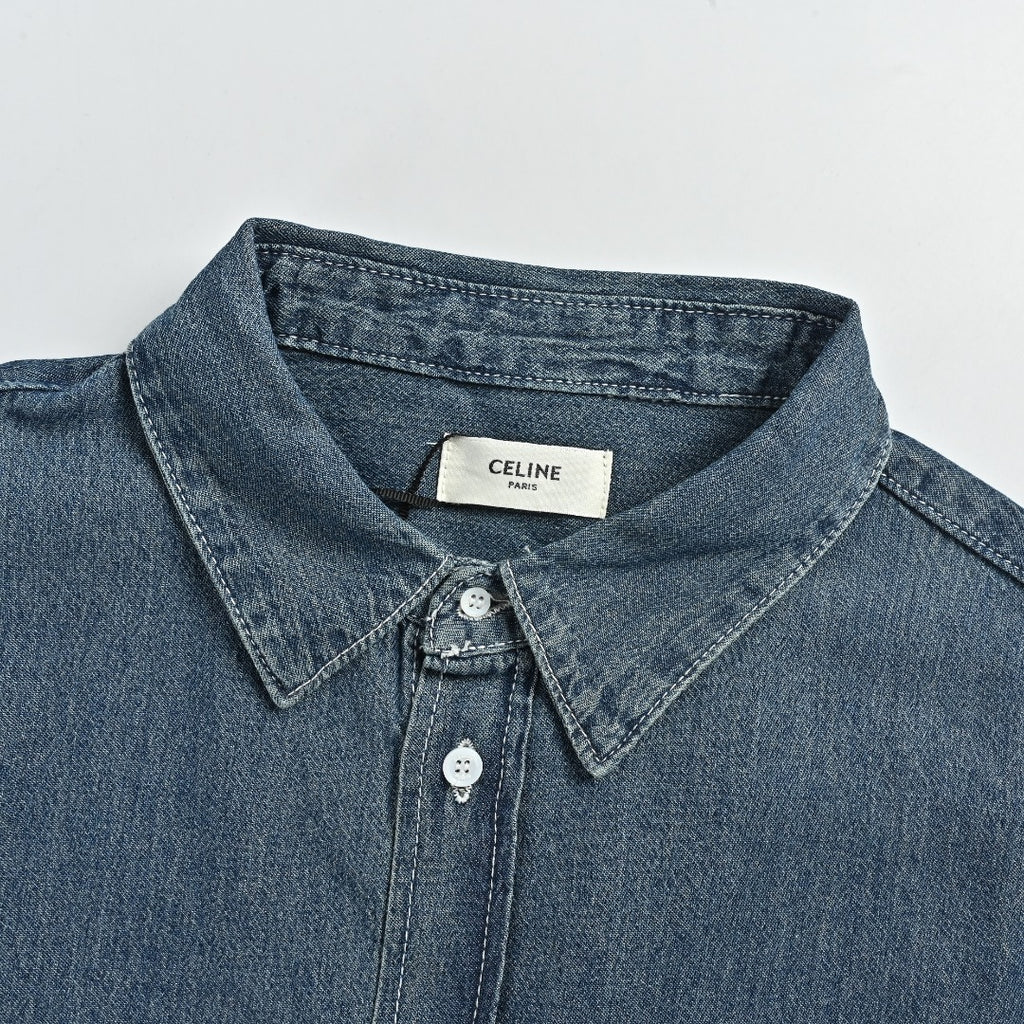 Celine CE Arc de Triomphe Embroidered Denim Short Sleeve Shirt - Blue