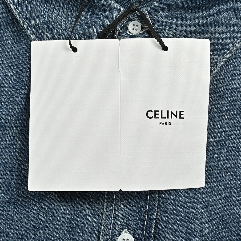 Celine CE Arc de Triomphe Embroidered Denim Short Sleeve Shirt - Blue