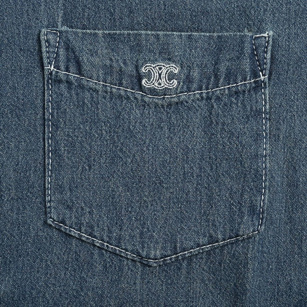 Celine CE Arc de Triomphe Embroidered Denim Short Sleeve Shirt - Blue