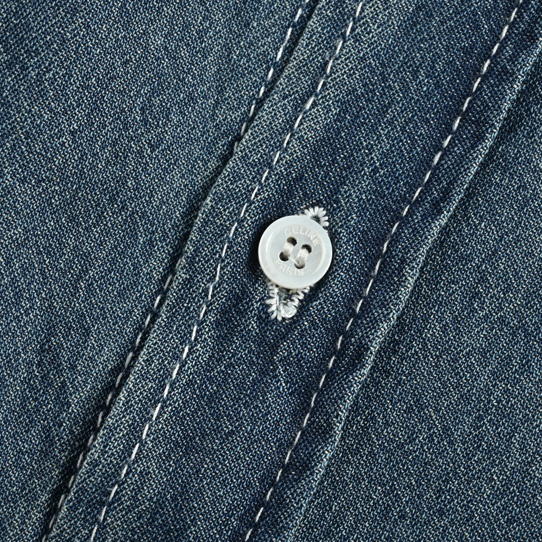 Celine CE Arc de Triomphe Embroidered Denim Short Sleeve Shirt - Blue
