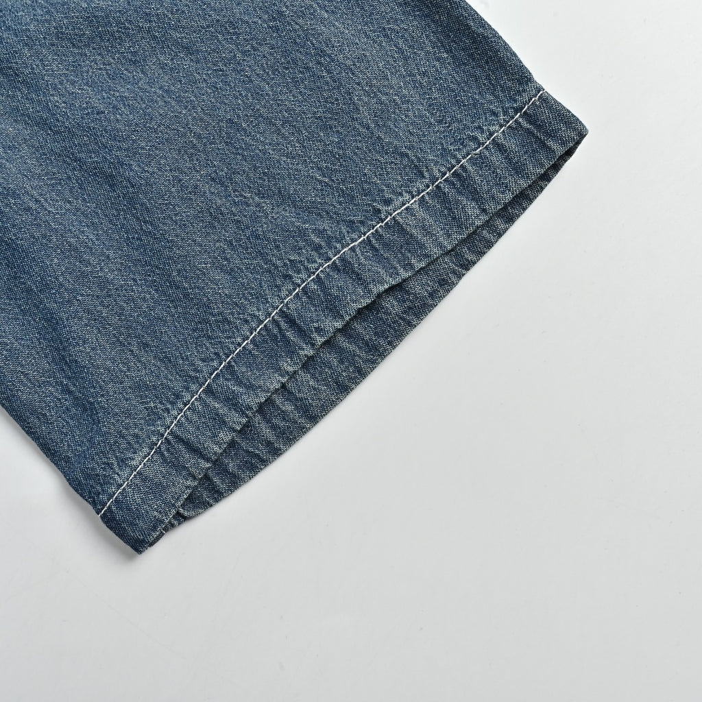 Celine CE Arc de Triomphe Embroidered Denim Short Sleeve Shirt - Blue