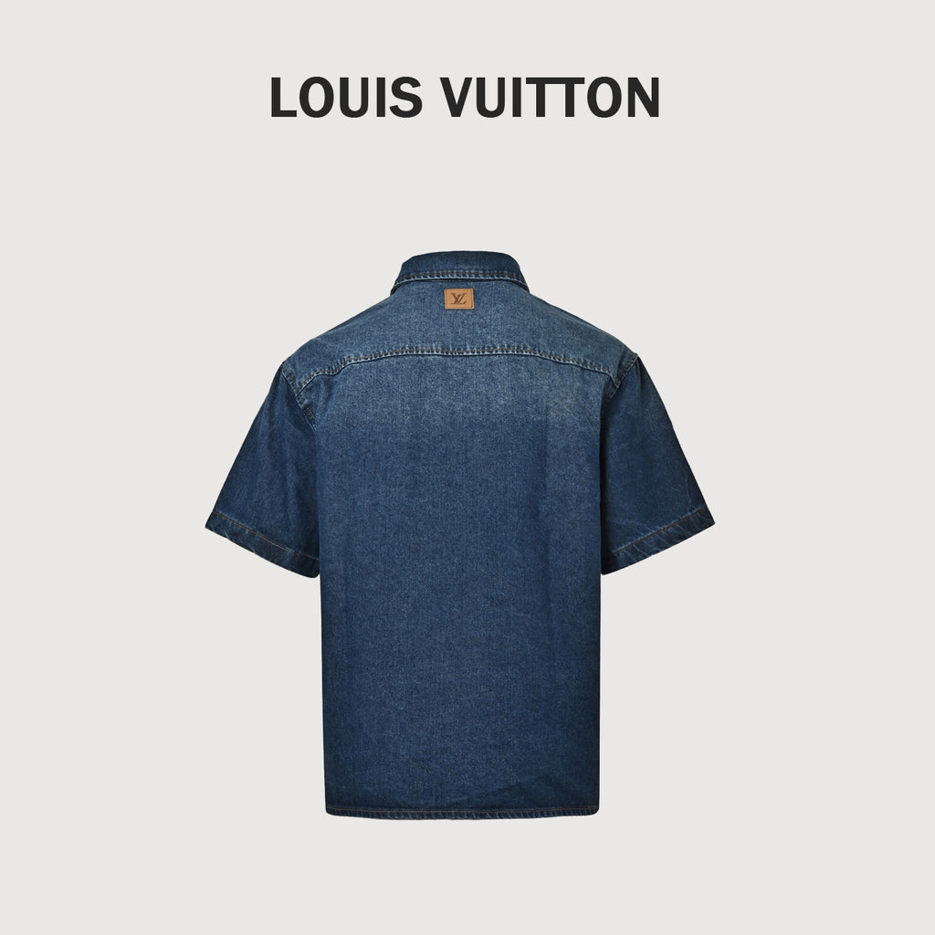Louis Vuitton Pocket Logo Embroidered Short Sleeve Denim Shirt - Dark Blue