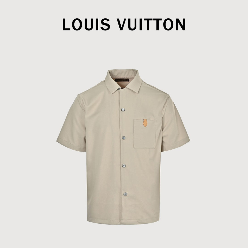 Louis Vuitton LV Pocket Leather Patch Silk-Cotton Blend Short Sleeve Shirt - Beige