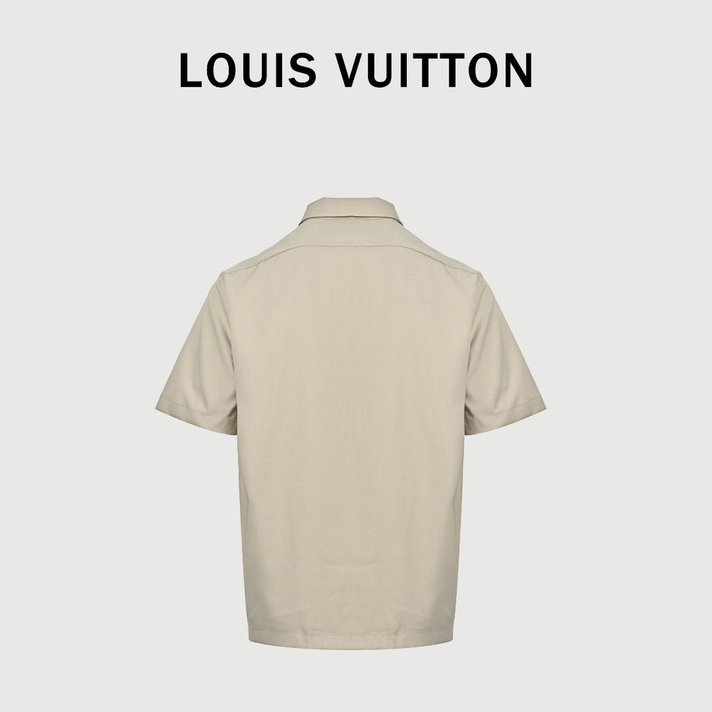 Louis Vuitton LV Pocket Leather Patch Silk-Cotton Blend Short Sleeve Shirt - Beige