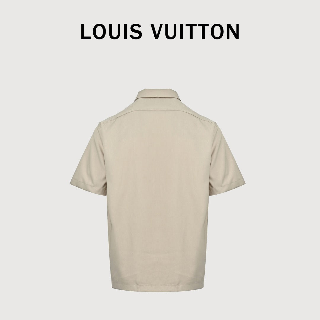 Louis Vuitton LV Pocket Leather Patch Silk-Cotton Blend Short Sleeve Shirt - Beige