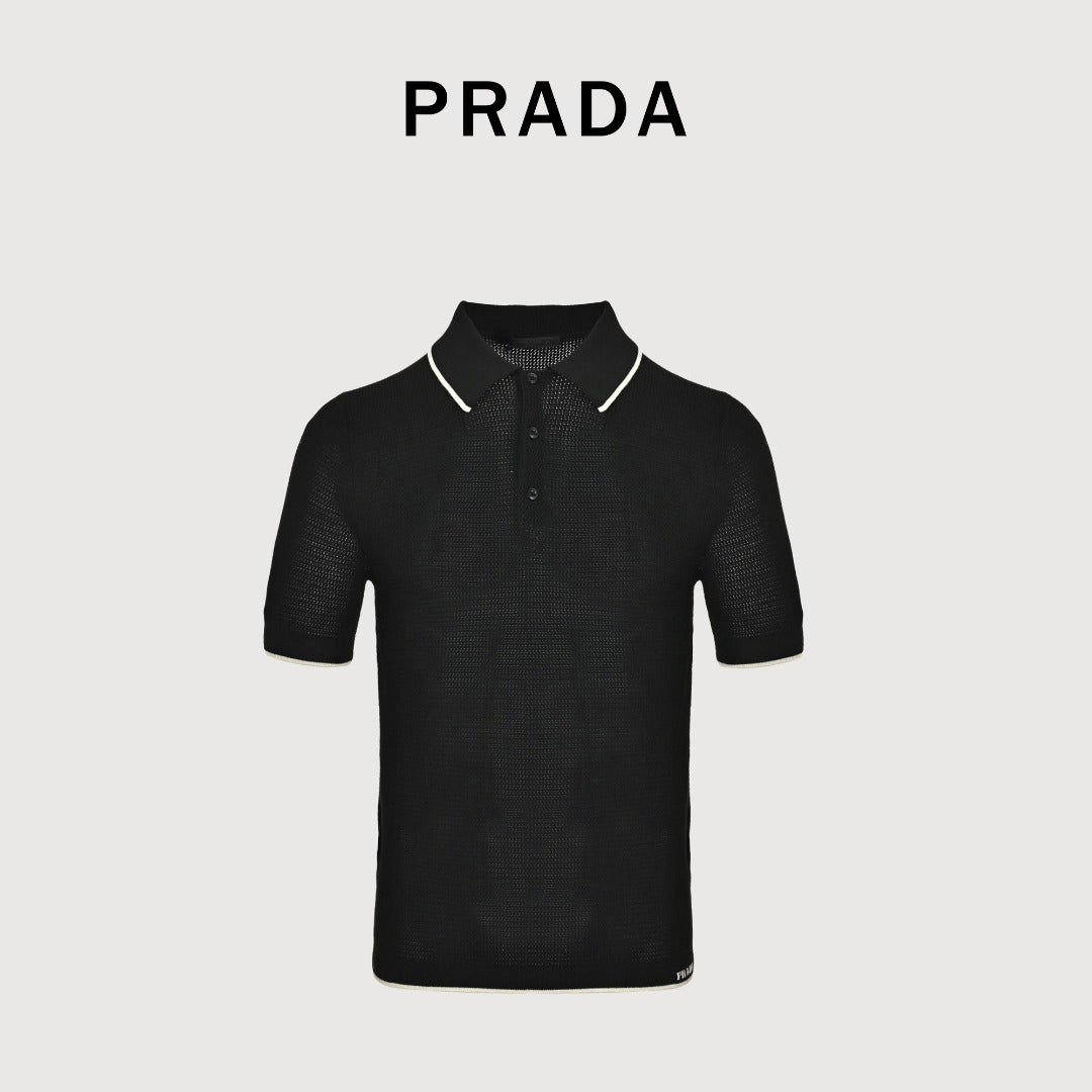 Prada PRD Logo Mesh-Knit Short Sleeve Polo Shirt - Black