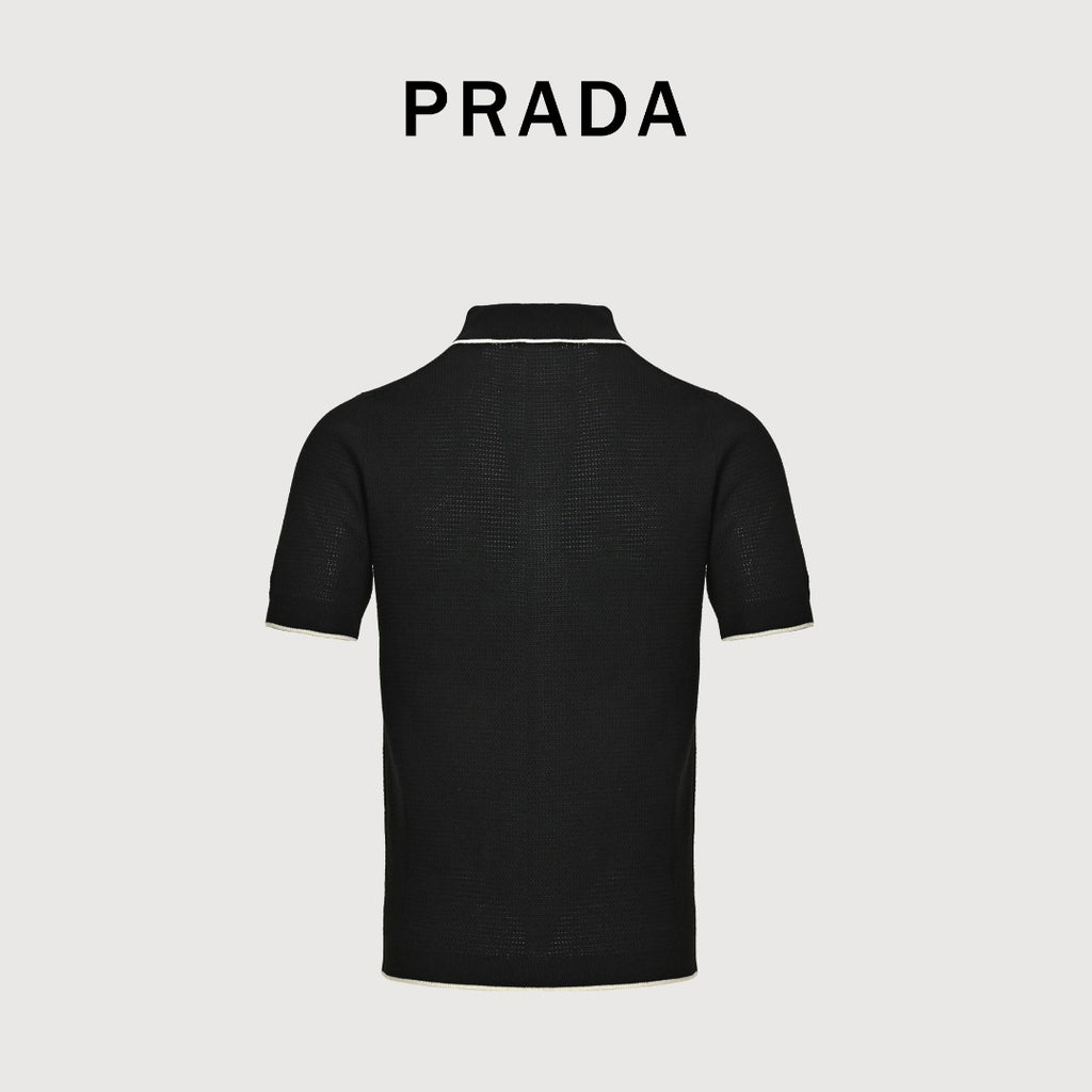 Prada PRD Logo Mesh-Knit Short Sleeve Polo Shirt - Black
