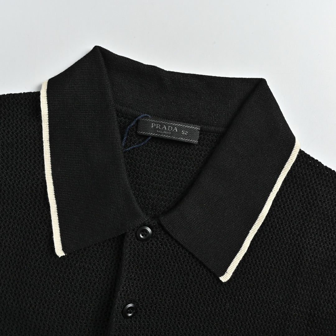 Prada PRD Logo Mesh-Knit Short Sleeve Polo Shirt - Black