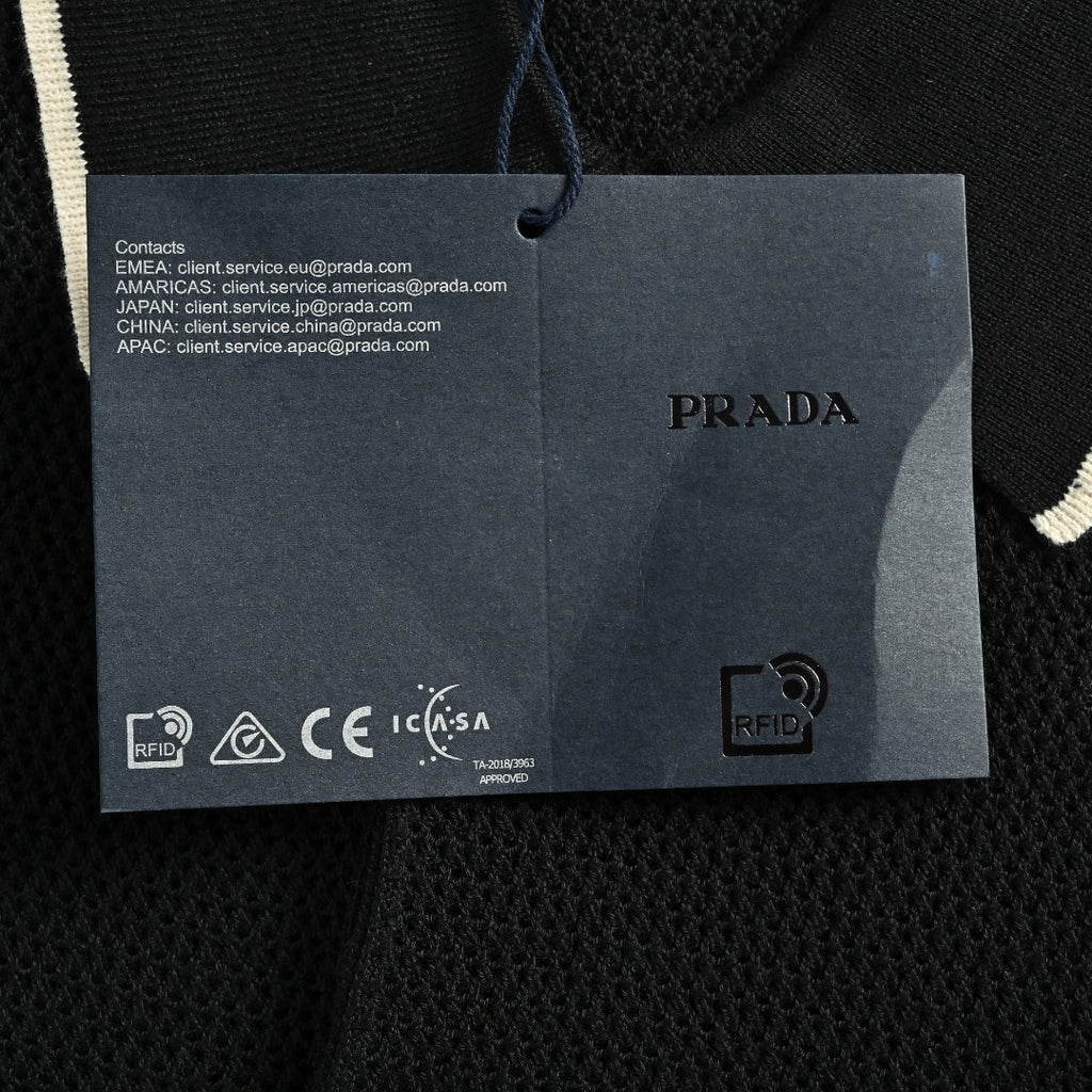 Prada PRD Logo Mesh-Knit Short Sleeve Polo Shirt - Black