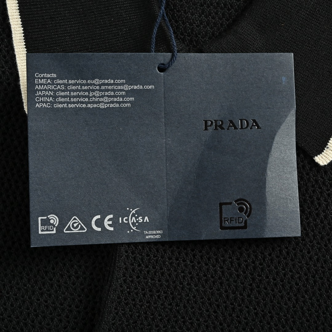 Prada PRD Logo Mesh-Knit Short Sleeve Polo Shirt - Black