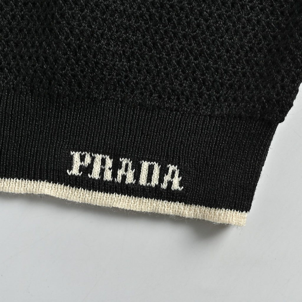 Prada PRD Logo Mesh-Knit Short Sleeve Polo Shirt - Black