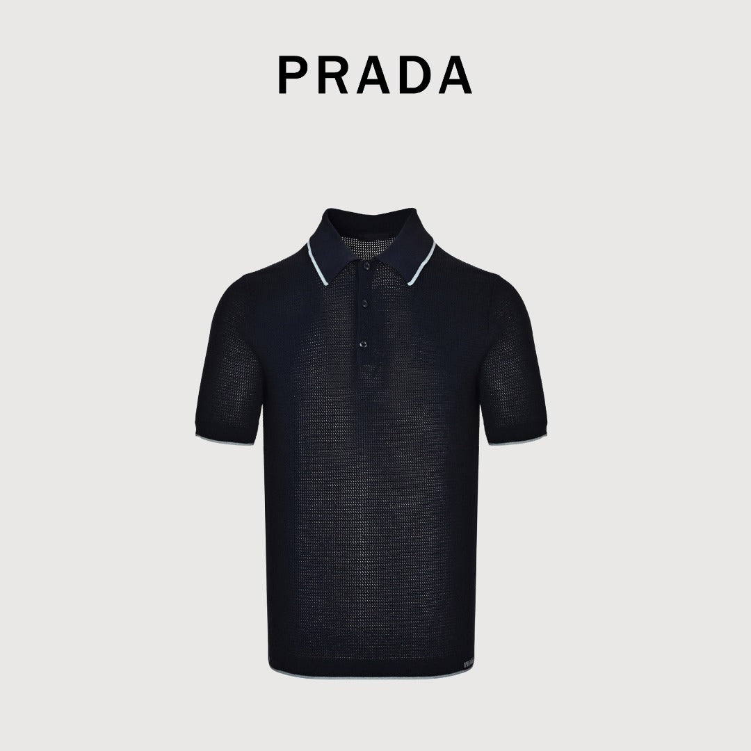 Prada PRD Logo Mesh-Knit Short Sleeve Polo Shirt - Navy