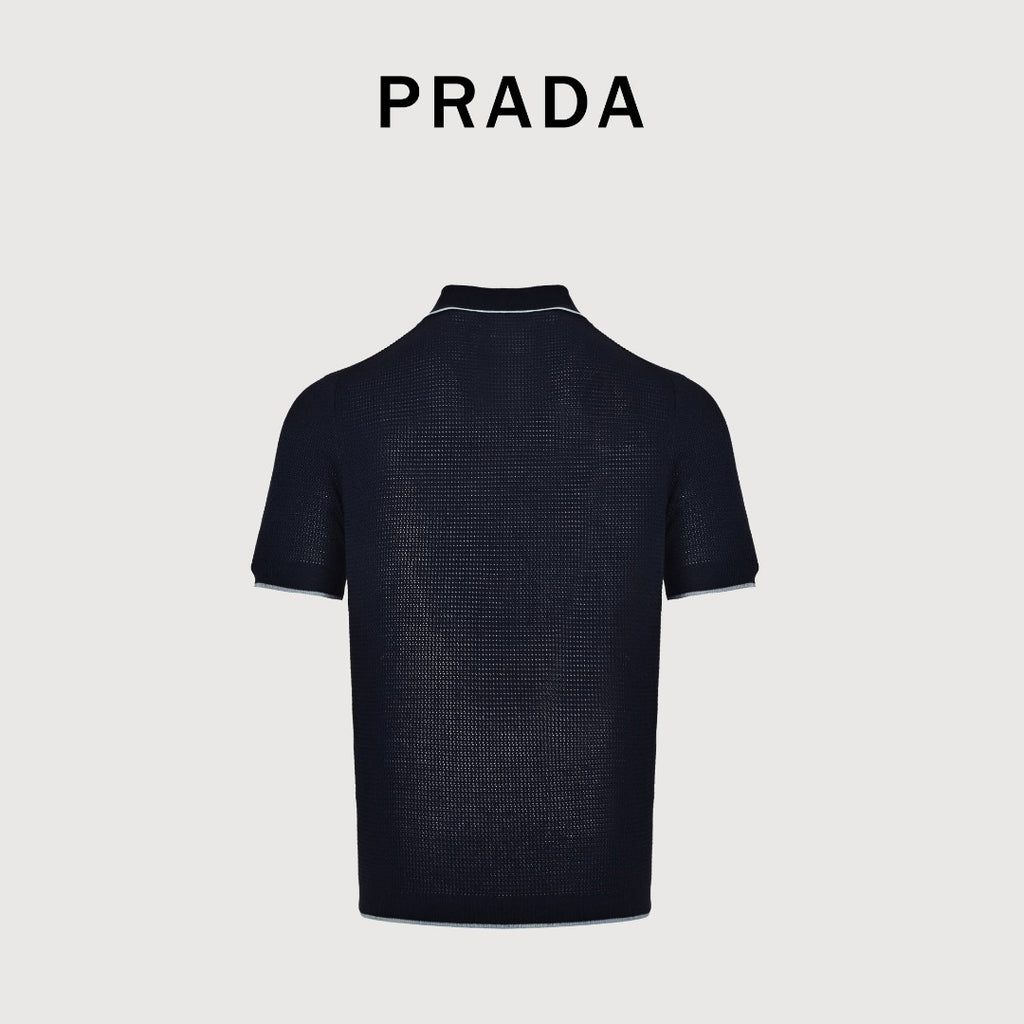 Prada PRD Logo Mesh-Knit Short Sleeve Polo Shirt - Navy