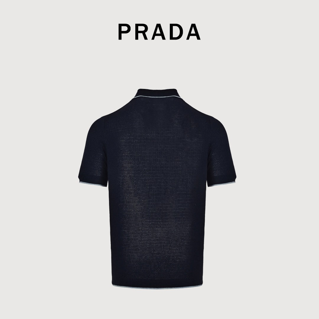 Prada PRD Logo Mesh-Knit Short Sleeve Polo Shirt - Navy