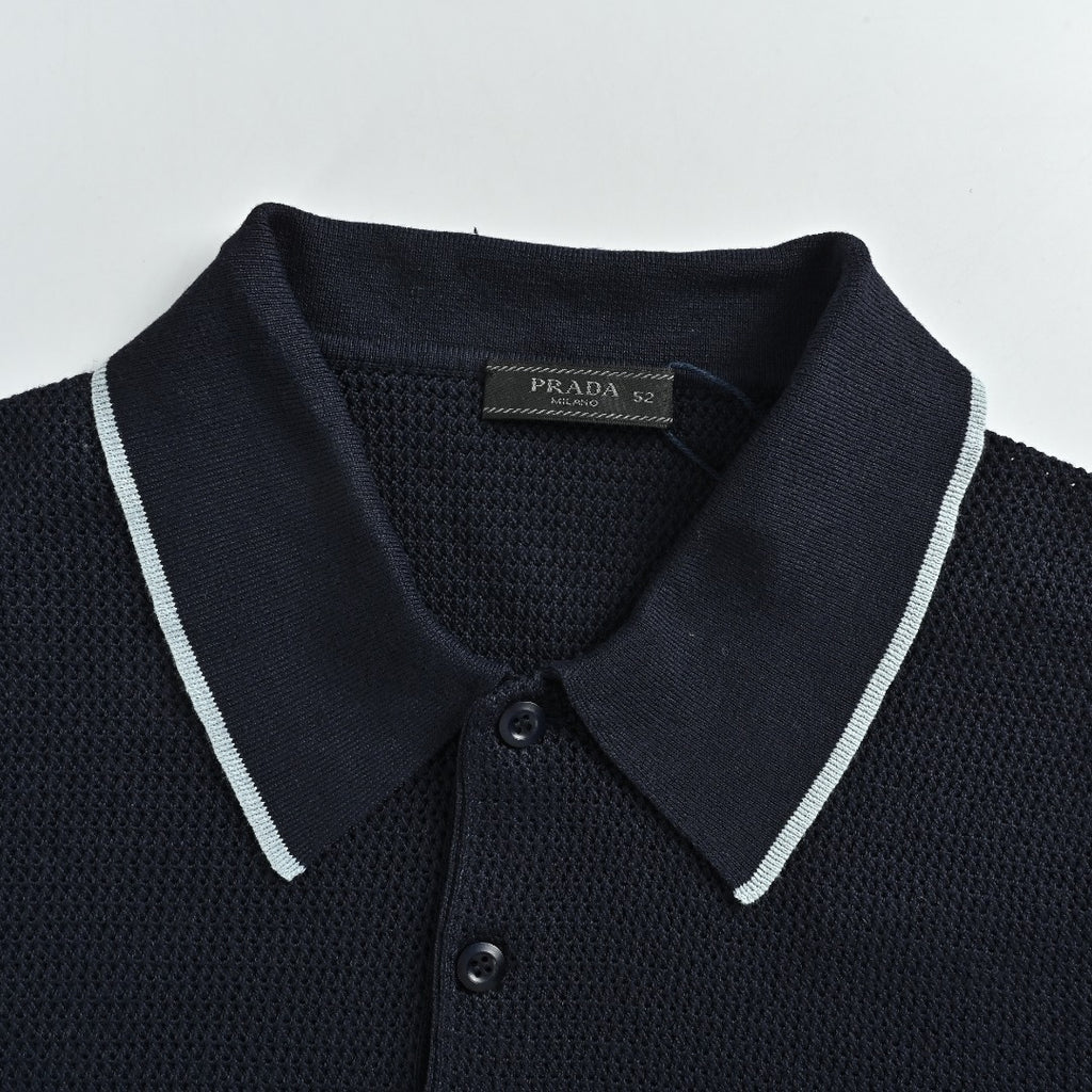 Prada PRD Logo Mesh-Knit Short Sleeve Polo Shirt - Navy