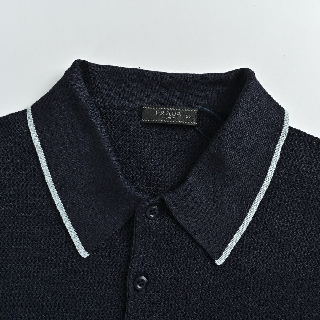 Prada PRD Logo Mesh-Knit Short Sleeve Polo Shirt - Navy
