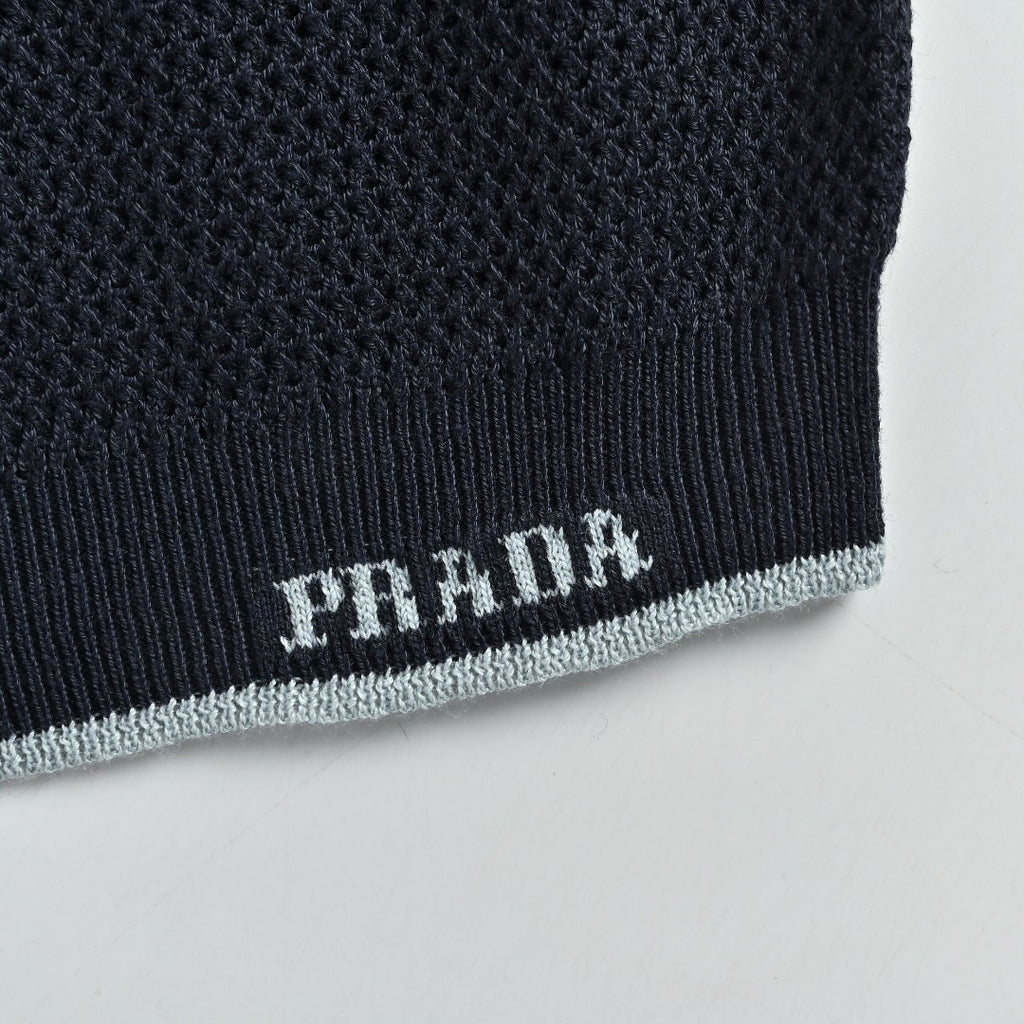 Prada PRD Logo Mesh-Knit Short Sleeve Polo Shirt - Navy
