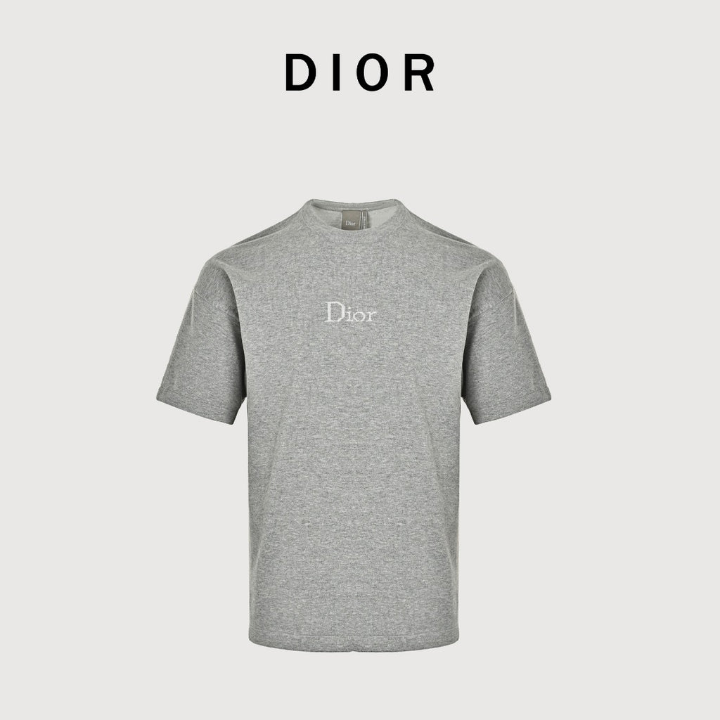 Dior CD Small Logo Knit Dropped-Shoulder Short Sleeve T-Shirt - Grey Marl