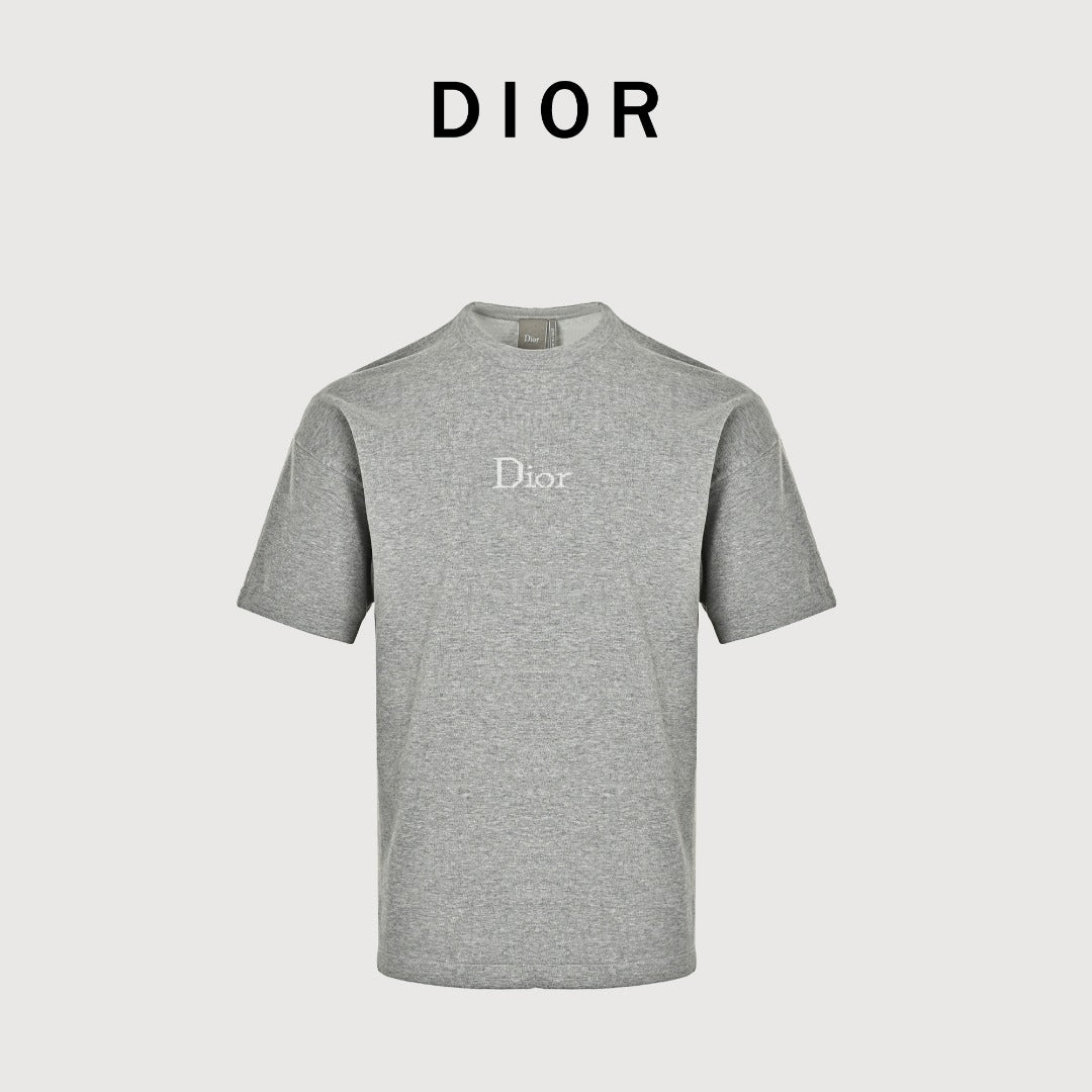 Dior CD Small Logo Knit Dropped-Shoulder Short Sleeve T-Shirt - Grey Marl