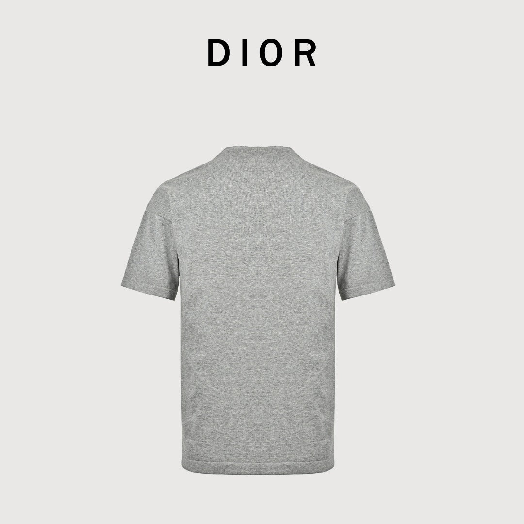 Dior CD Small Logo Knit Dropped-Shoulder Short Sleeve T-Shirt - Grey Marl