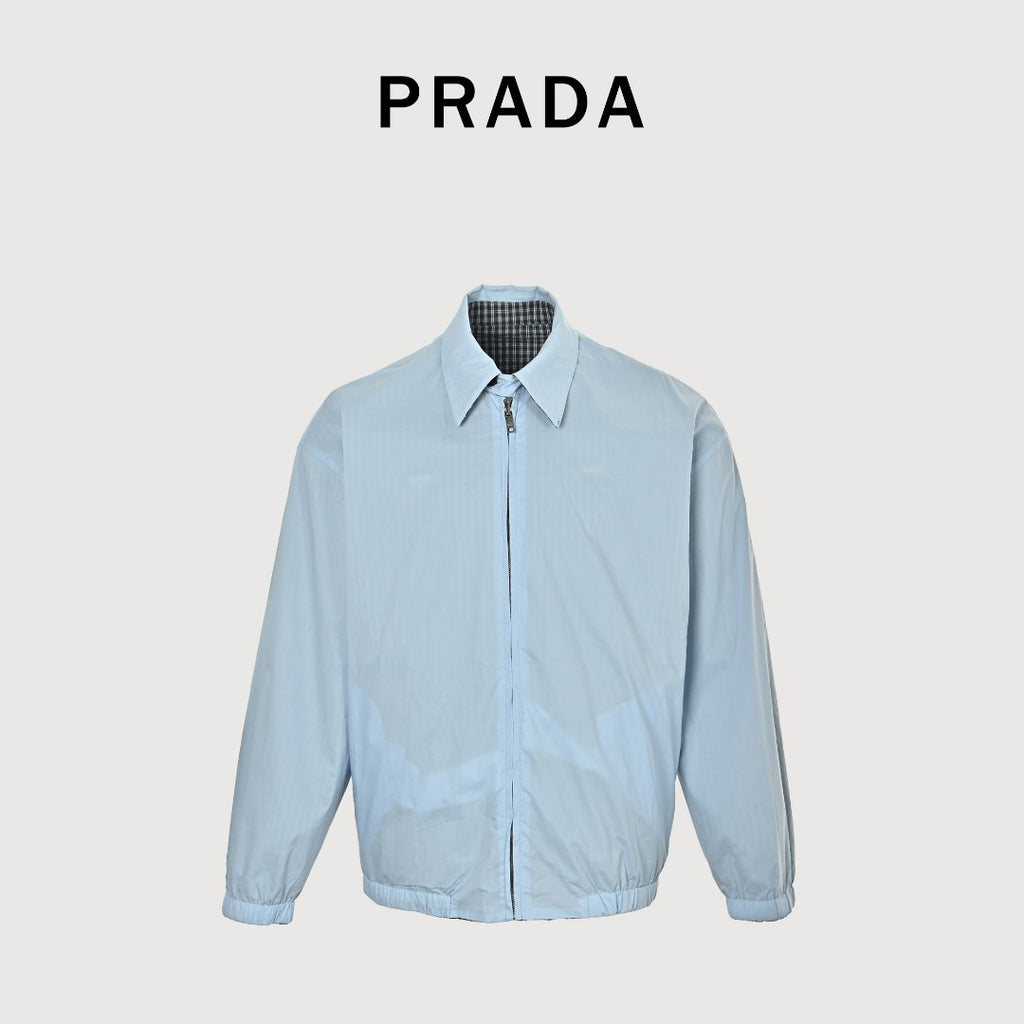 Prada PRD Triangle Logo Reversible Check Lapel Jacket - Sky Blue / Navy Check