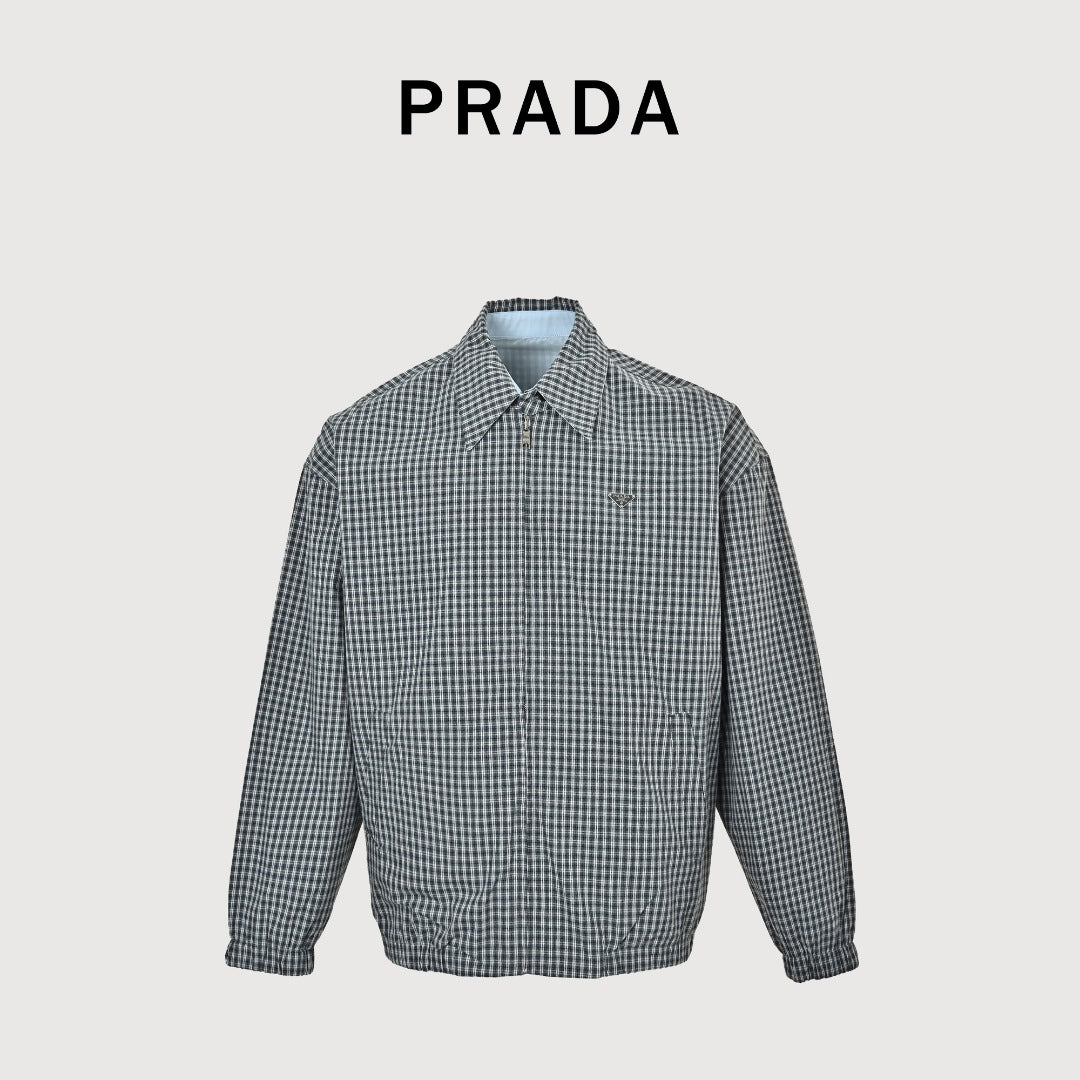Prada PRD Triangle Logo Reversible Check Lapel Jacket - Sky Blue / Navy Check