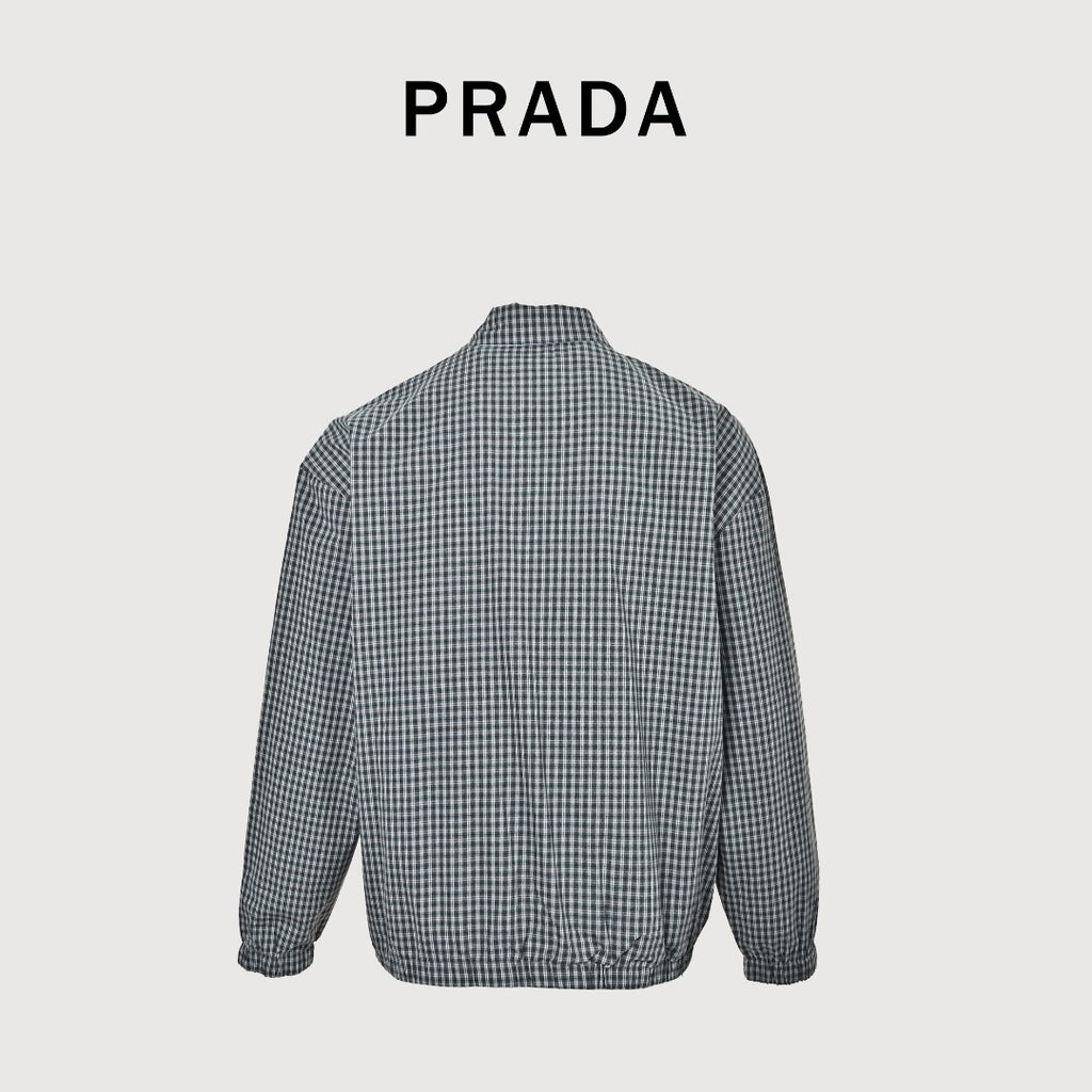 Prada PRD Triangle Logo Reversible Check Lapel Jacket - Sky Blue / Navy Check
