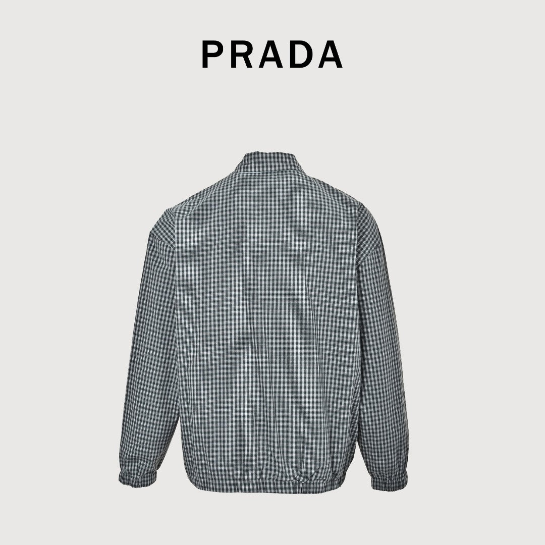 Prada PRD Triangle Logo Reversible Check Lapel Jacket - Sky Blue / Navy Check