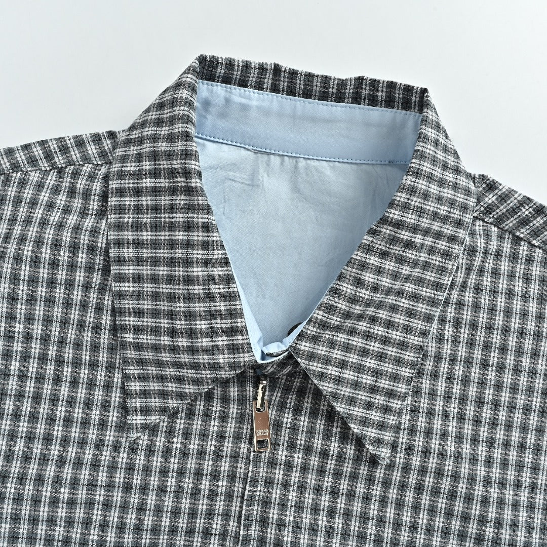 Prada PRD Triangle Logo Reversible Check Lapel Jacket - Sky Blue / Navy Check