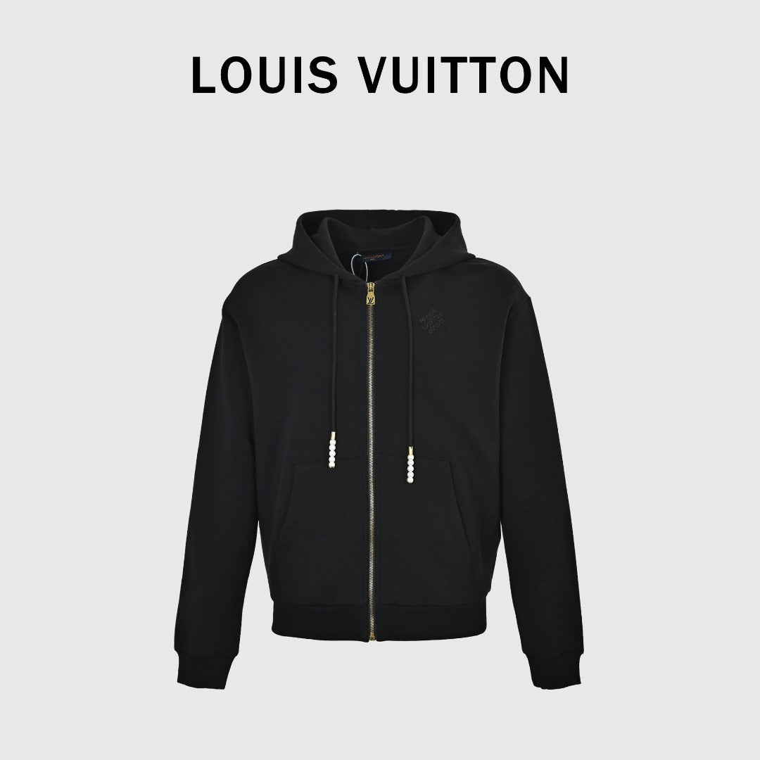 Louis Vuitton LV Two-Tone Embroidered Beaded Pendant Zip-Up Hoodie - Black