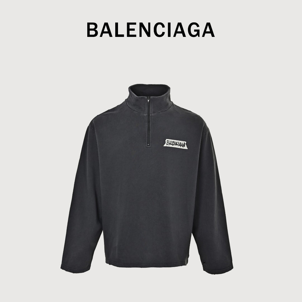 Balenciaga BLCG Back Rubber Print Mock-Neck Half-Zip Sweatshirt - Black