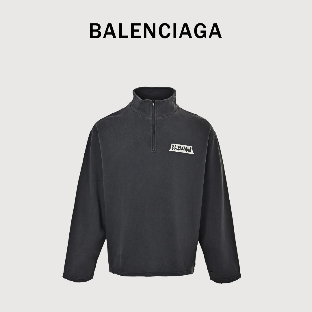 Balenciaga BLCG Back Rubber Print Mock-Neck Half-Zip Sweatshirt - Black