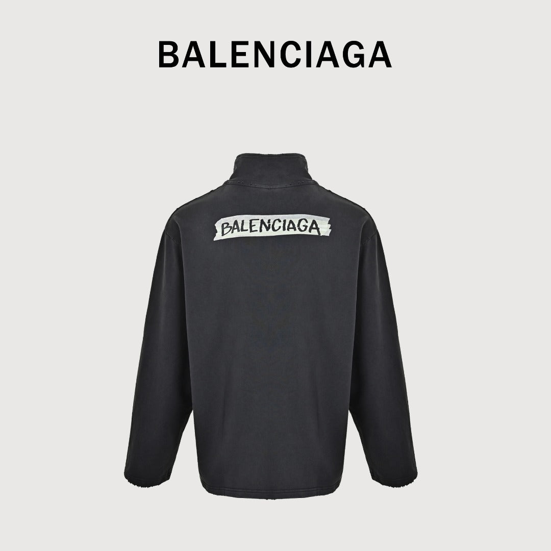 Balenciaga BLCG Back Rubber Print Mock-Neck Half-Zip Sweatshirt - Black